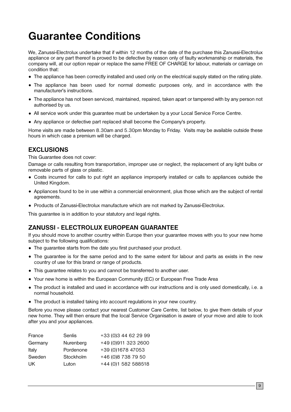 Guarantee conditions | Zanussi ZFC 35C User Manual | Page 9 / 12