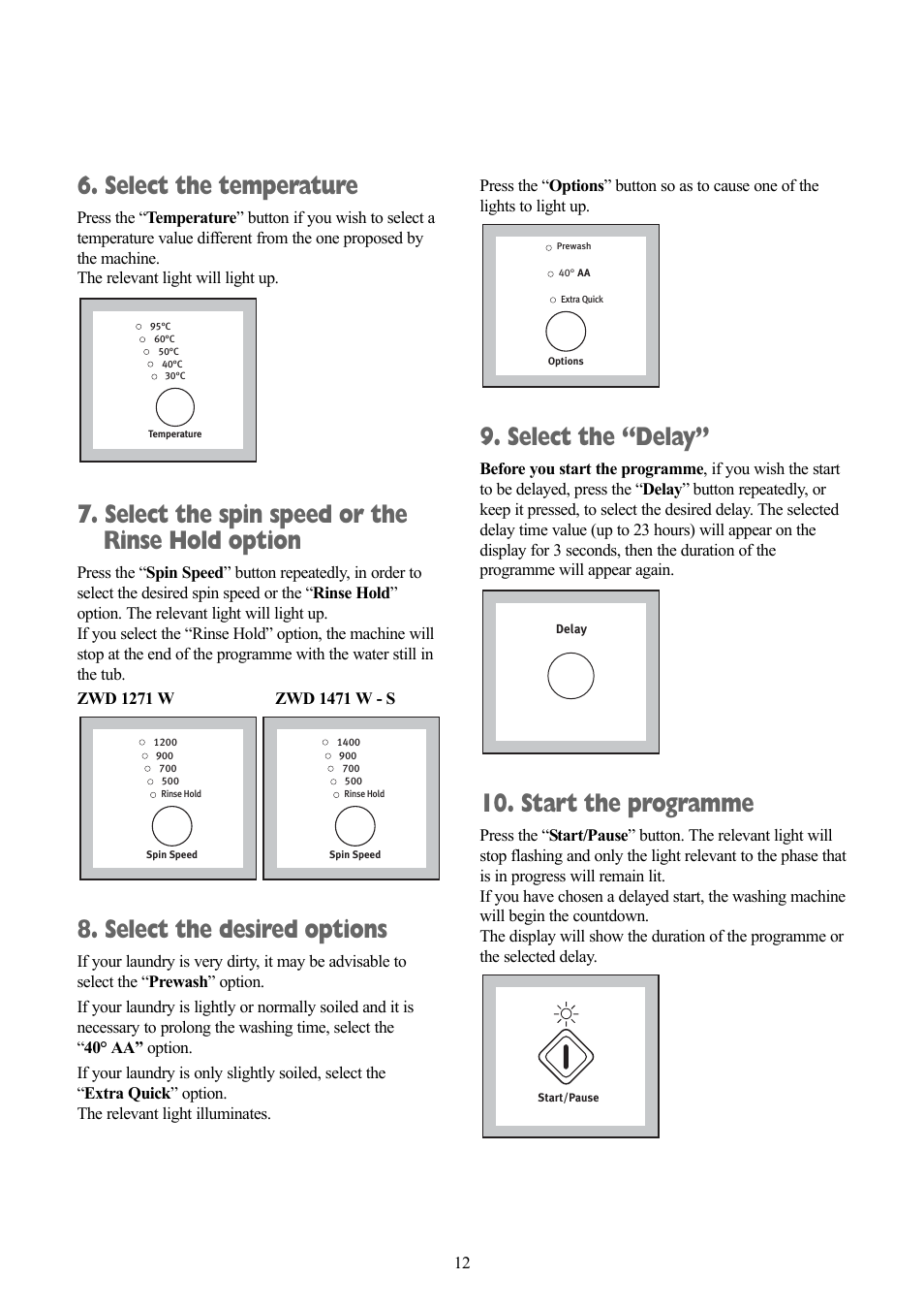 Select the temperature, Select the spin speed or the rinse hold option, Select the desired options | Select the “delay, Start the programme | Zanussi ZWD 1471 W User Manual | Page 12 / 30