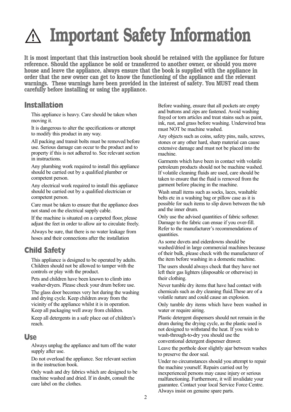 Important safety information, Installation, Child safety | Zanussi ZWD 1471 W User Manual | Page 2 / 30