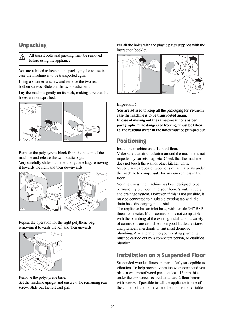 Unpacking, Positioning, Installation on a suspended floor | Zanussi ZWD 1471 W User Manual | Page 26 / 30