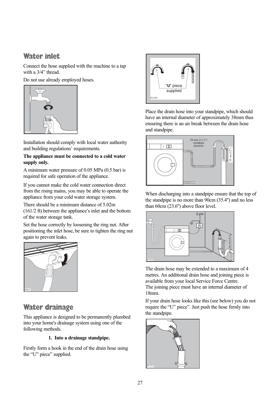 Water inlet, Water drainage | Zanussi ZWD 1471 W User Manual | Page 27 / 30