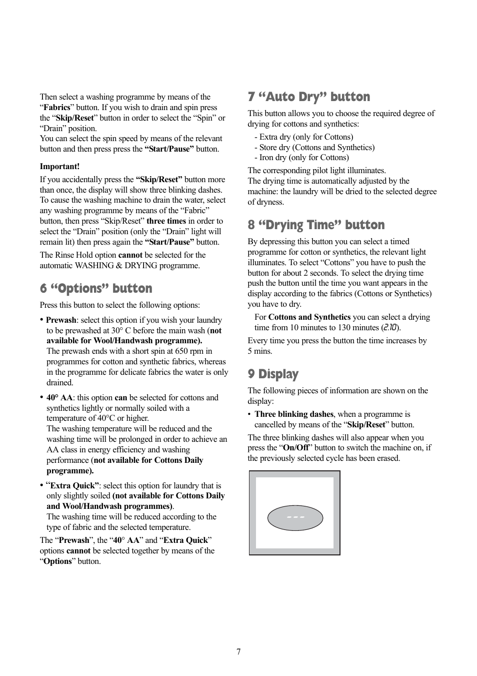 6 “options” button, 7 “auto dry” button, 8 “drying time” button | 9 display | Zanussi ZWD 1471 W User Manual | Page 7 / 30