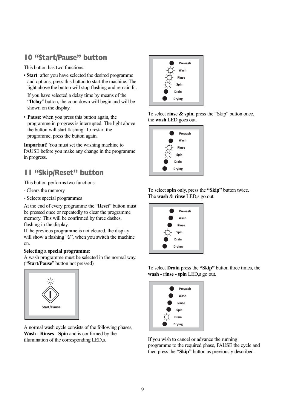 10 “start/pause” button, 11 “skip/reset” button | Zanussi ZWD 1471 W User Manual | Page 9 / 30