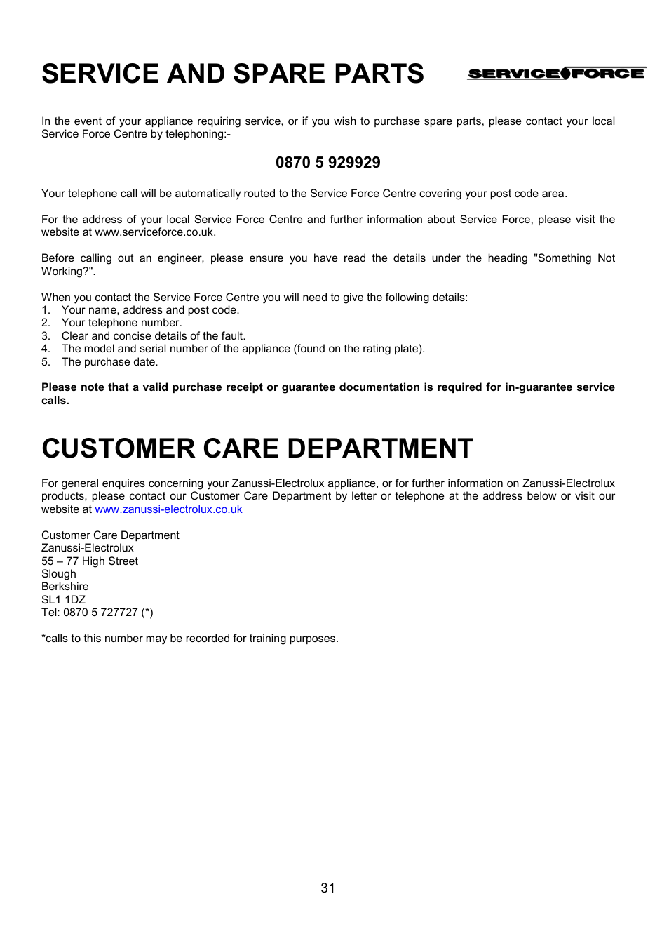 Service and spare parts, Customer care department | Zanussi ZCE 7551X User Manual | Page 31 / 36