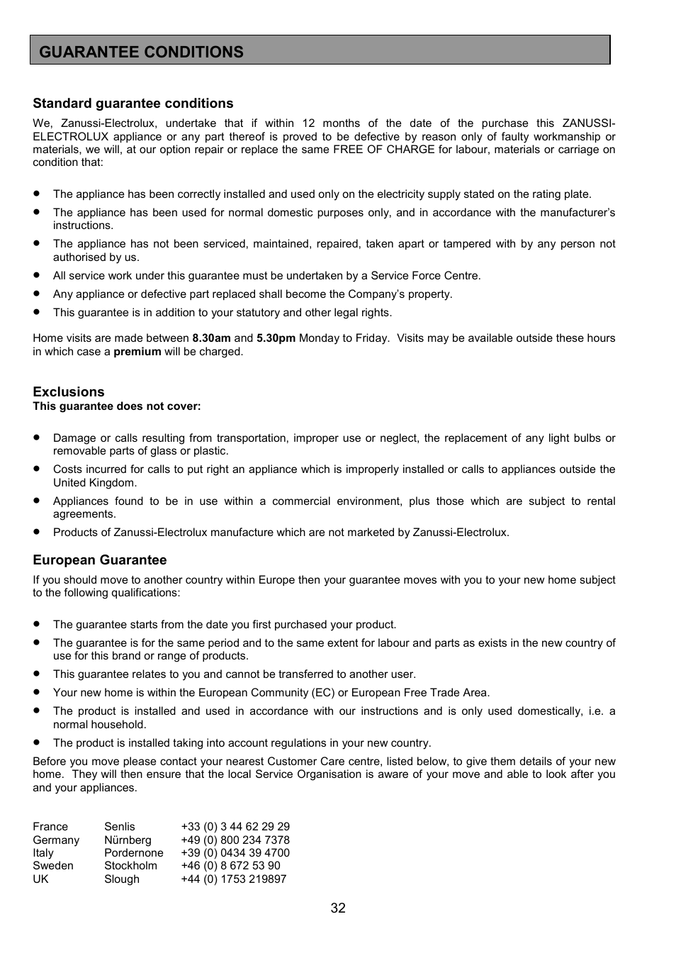 Guarantee conditions | Zanussi ZCE 7551X User Manual | Page 32 / 36