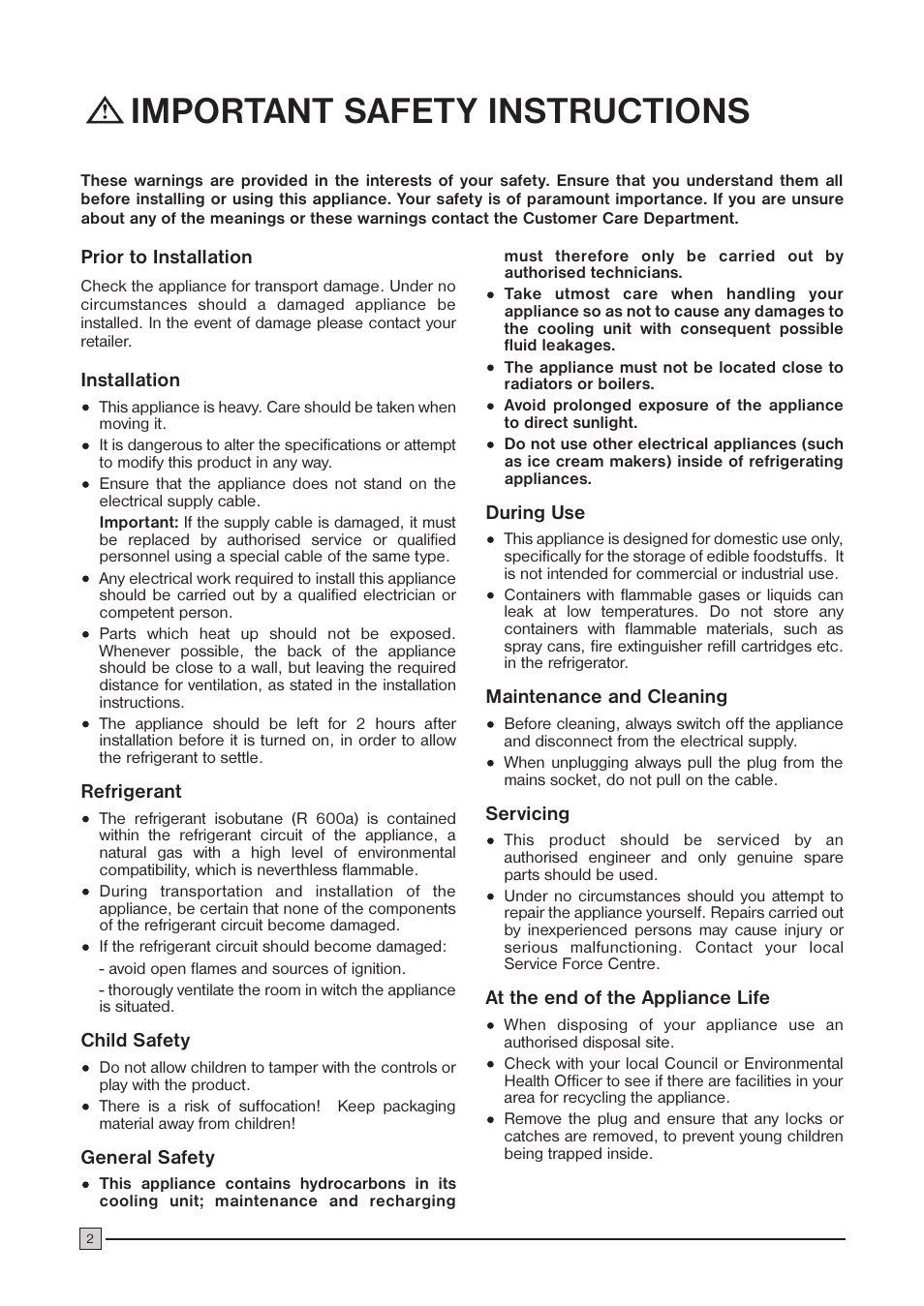 Important safety instructions | Zanussi ZCF 146 C User Manual | Page 2 / 16