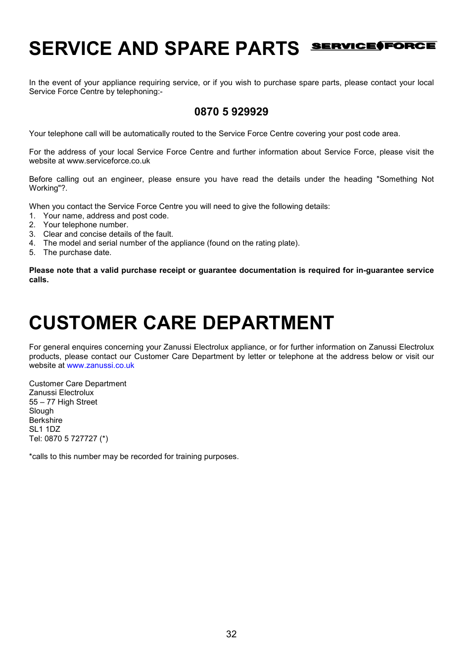 Service and spare parts, Customer care department | Zanussi ZCE 7702 User Manual | Page 32 / 36