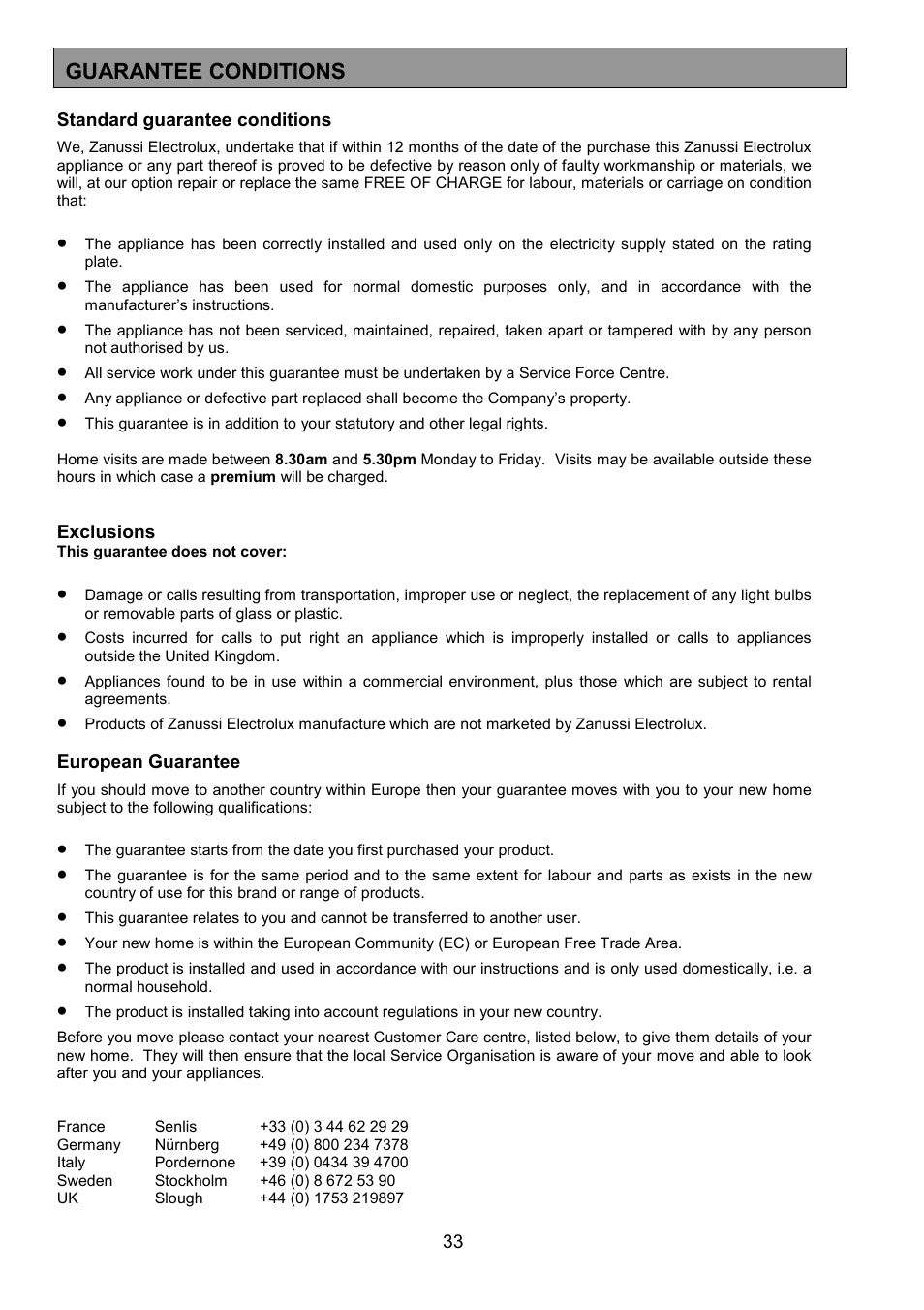 Guarantee conditions | Zanussi ZCE 7702 User Manual | Page 33 / 36