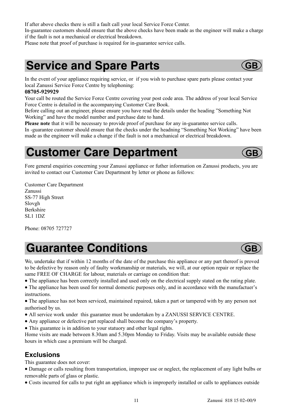 Service and spare parts, Customer care department, Guarantee conditions | Zanussi ZV11R User Manual | Page 11 / 16