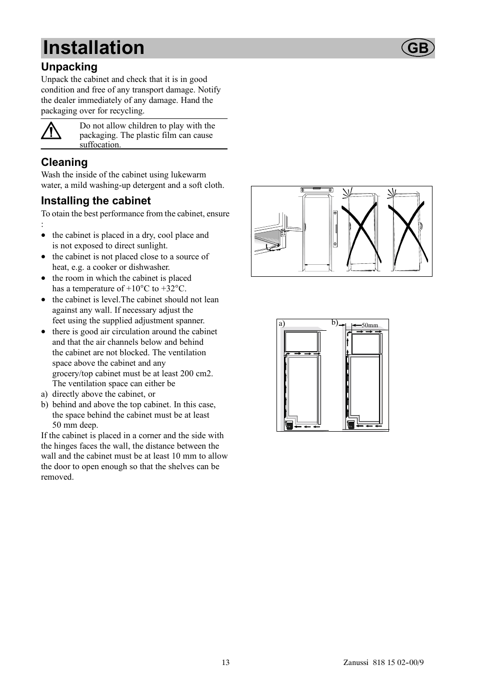 Installation | Zanussi ZV11R User Manual | Page 13 / 16