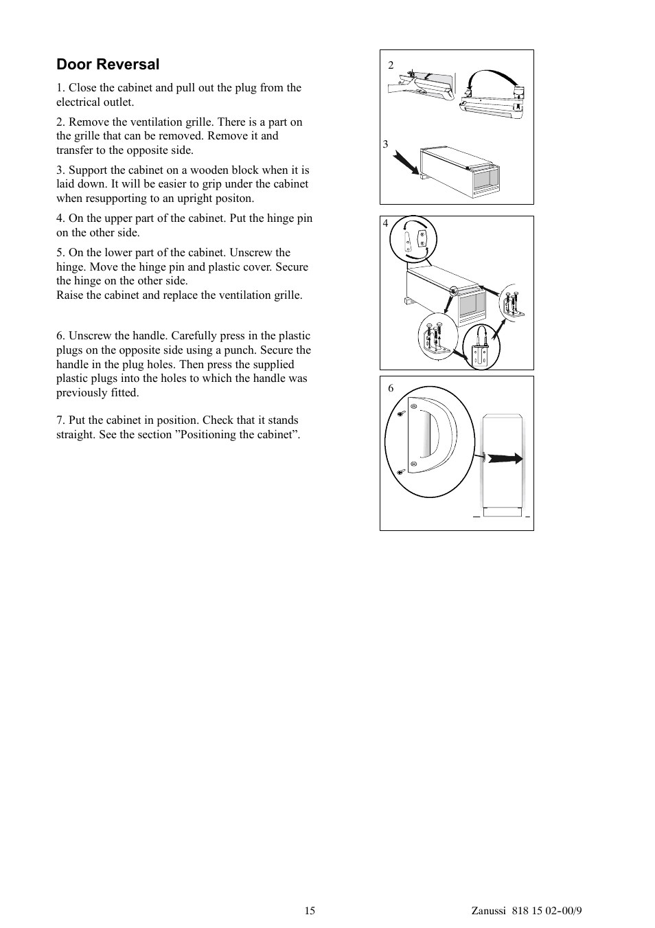 Door reversal | Zanussi ZV11R User Manual | Page 15 / 16