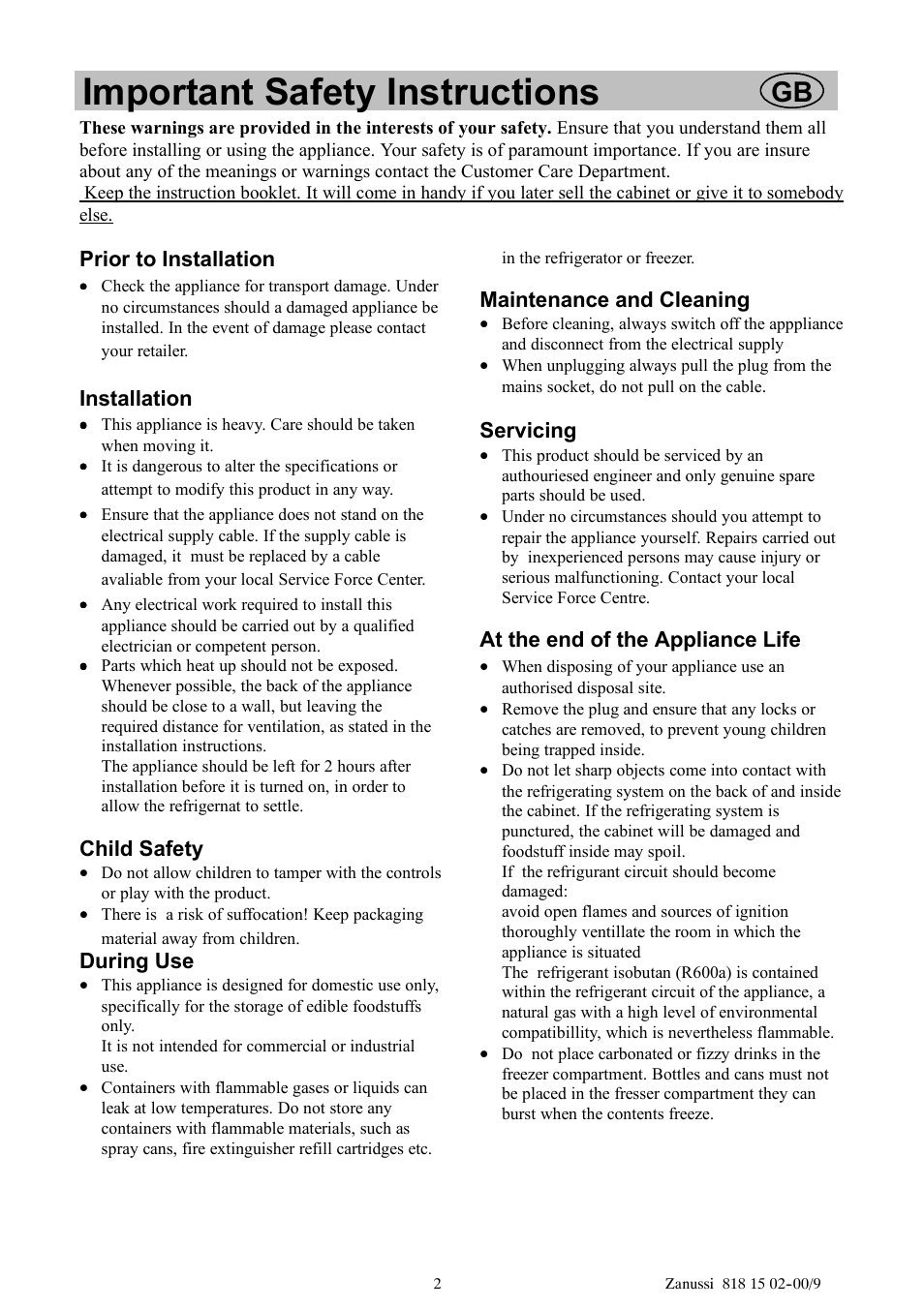 Important safety instructions | Zanussi ZV11R User Manual | Page 2 / 16