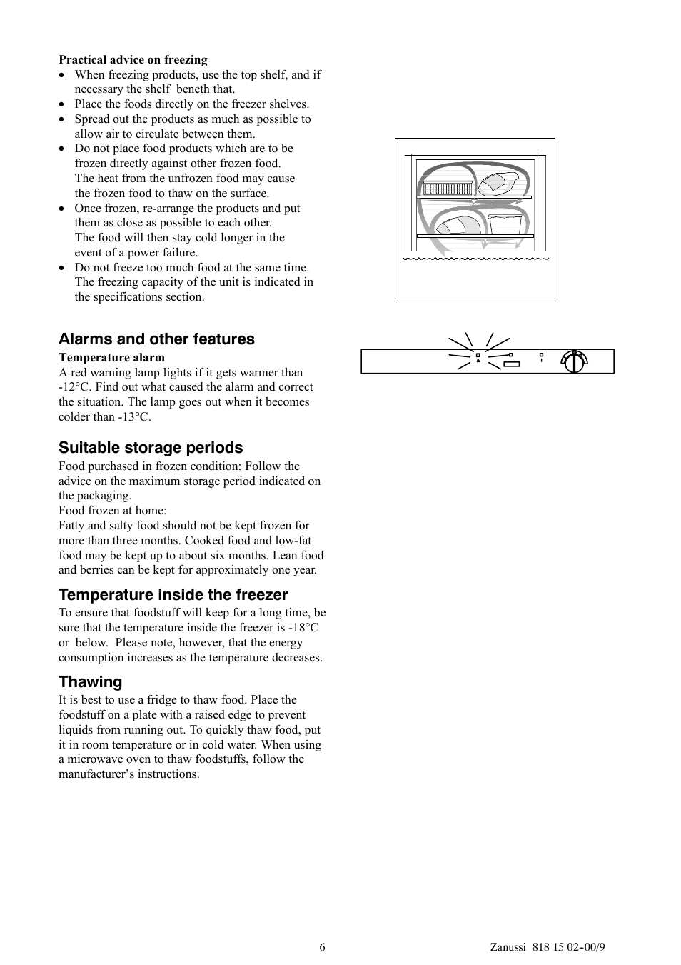 Alarms and other features, Suitable storage periods, Temperature inside the freezer | Thawing | Zanussi ZV11R User Manual | Page 6 / 16