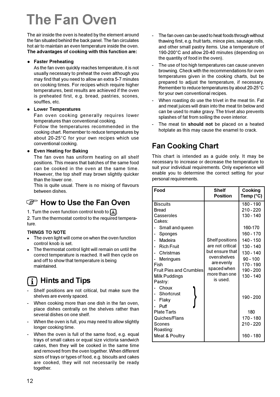 Fthe fan oven, How to use the fan oven, Hints and tips | Fan cooking chart | Zanussi ZCM 631 User Manual | Page 12 / 24