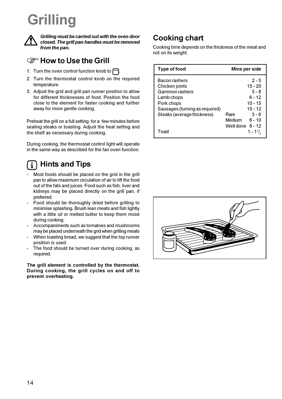 Grilling, How to use the grill, Hints and tips | Cooking chart | Zanussi ZCM 631 User Manual | Page 14 / 24