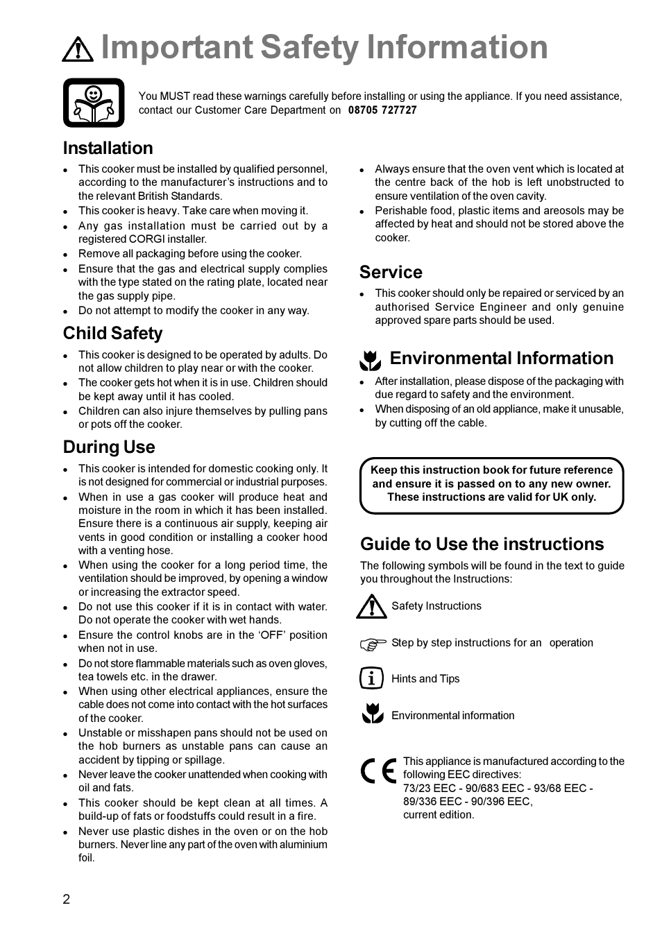 Important safety information, Installation, Child safety | During use, Service, Environmental information, Guide to use the instructions | Zanussi ZCM 631 User Manual | Page 2 / 24