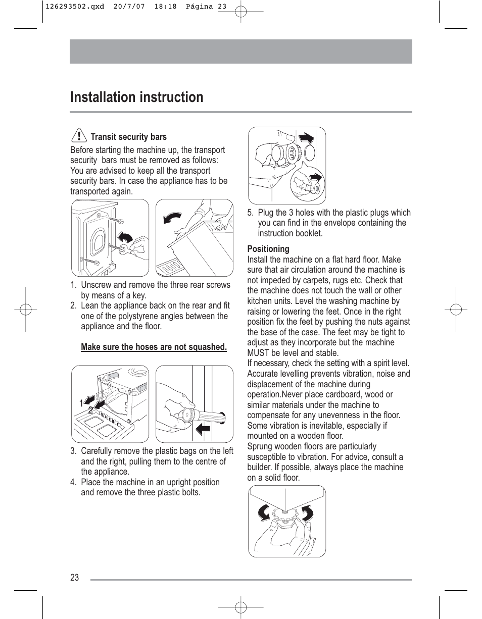 Installation instruction | Zanussi ZWF14170W User Manual | Page 23 / 31