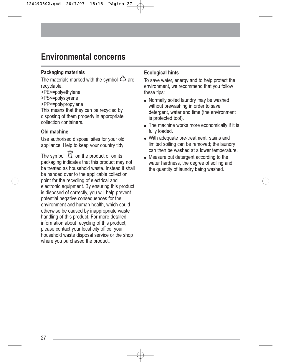 Environmental concerns | Zanussi ZWF14170W User Manual | Page 27 / 31