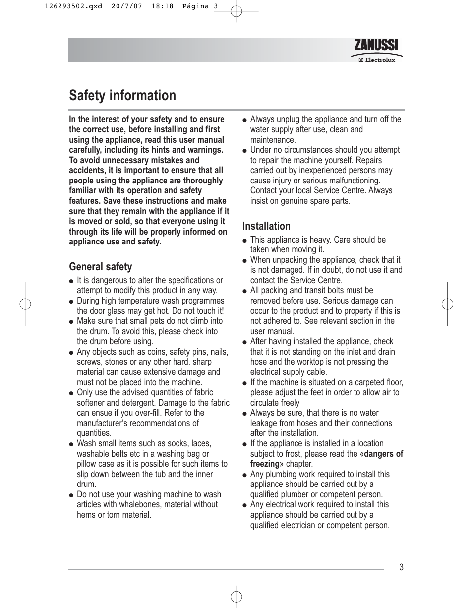 Safety information, General safety, Installation | Zanussi ZWF14170W User Manual | Page 3 / 31