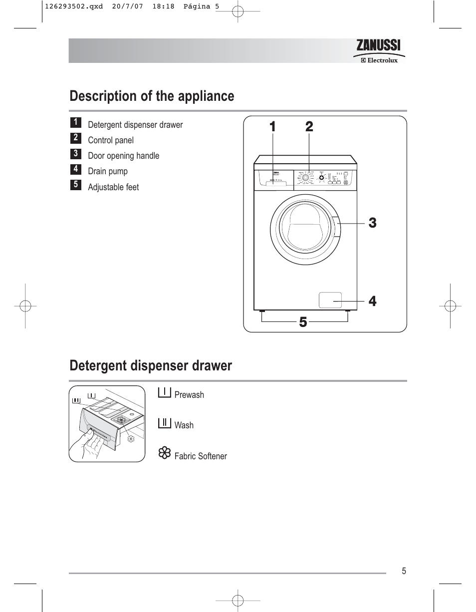 Description of the appliance, Detergent dispenser drawer | Zanussi ZWF14170W User Manual | Page 5 / 31