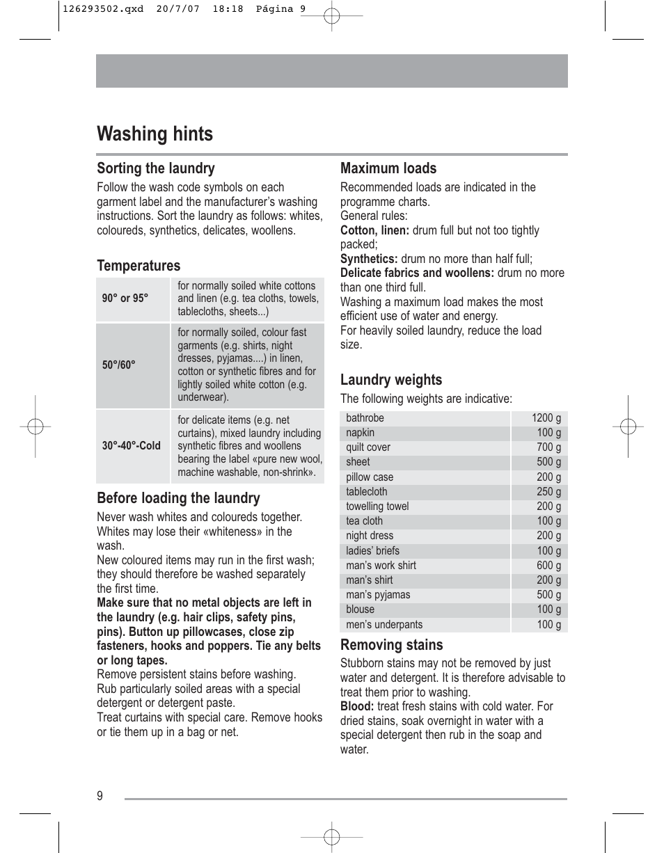 Washing hints, Sorting the laundry, Temperatures before loading the laundry | Maximum loads, Laundry weights, Removing stains | Zanussi ZWF14170W User Manual | Page 9 / 31