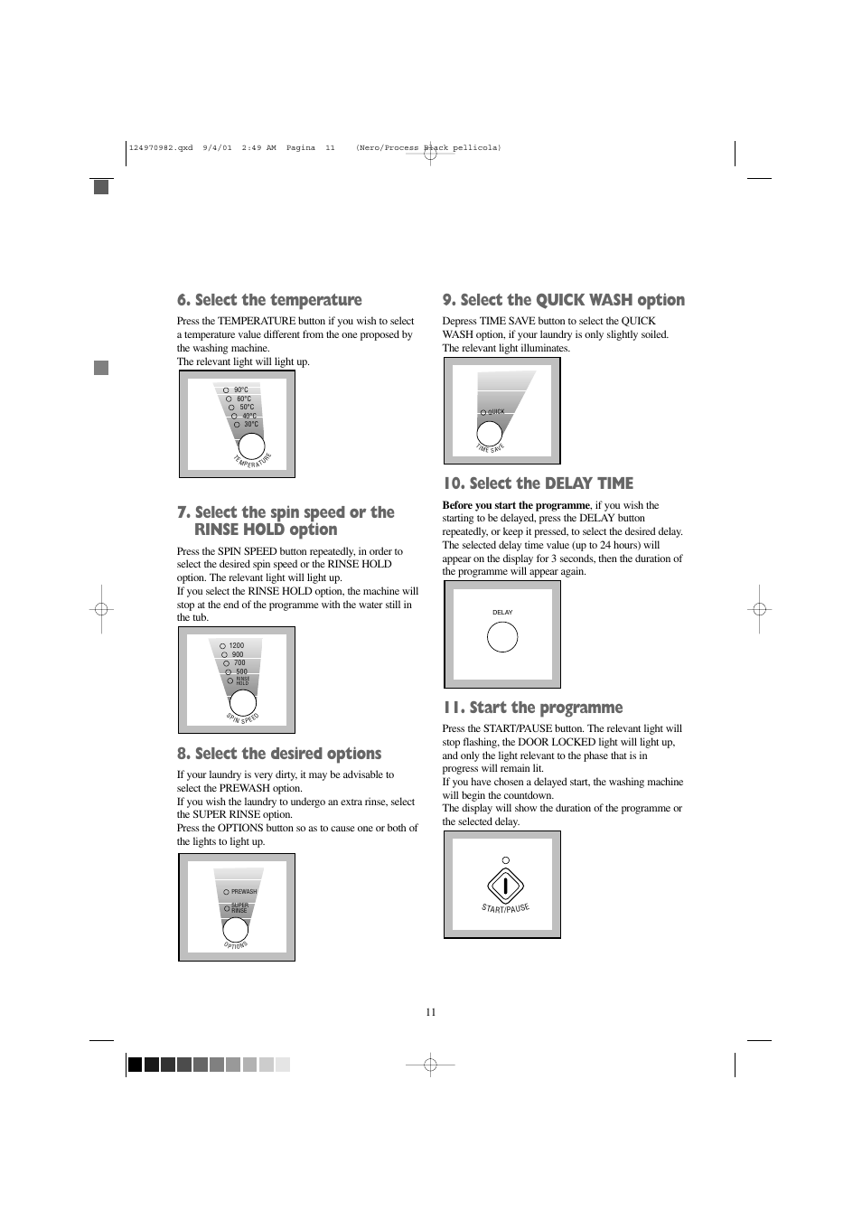 Select the temperature, Select the spin speed or the rinse hold option, Select the desired options | Select the quick wash option, Select the delay time, Start the programme | Zanussi FJS 1225 W User Manual | Page 11 / 29