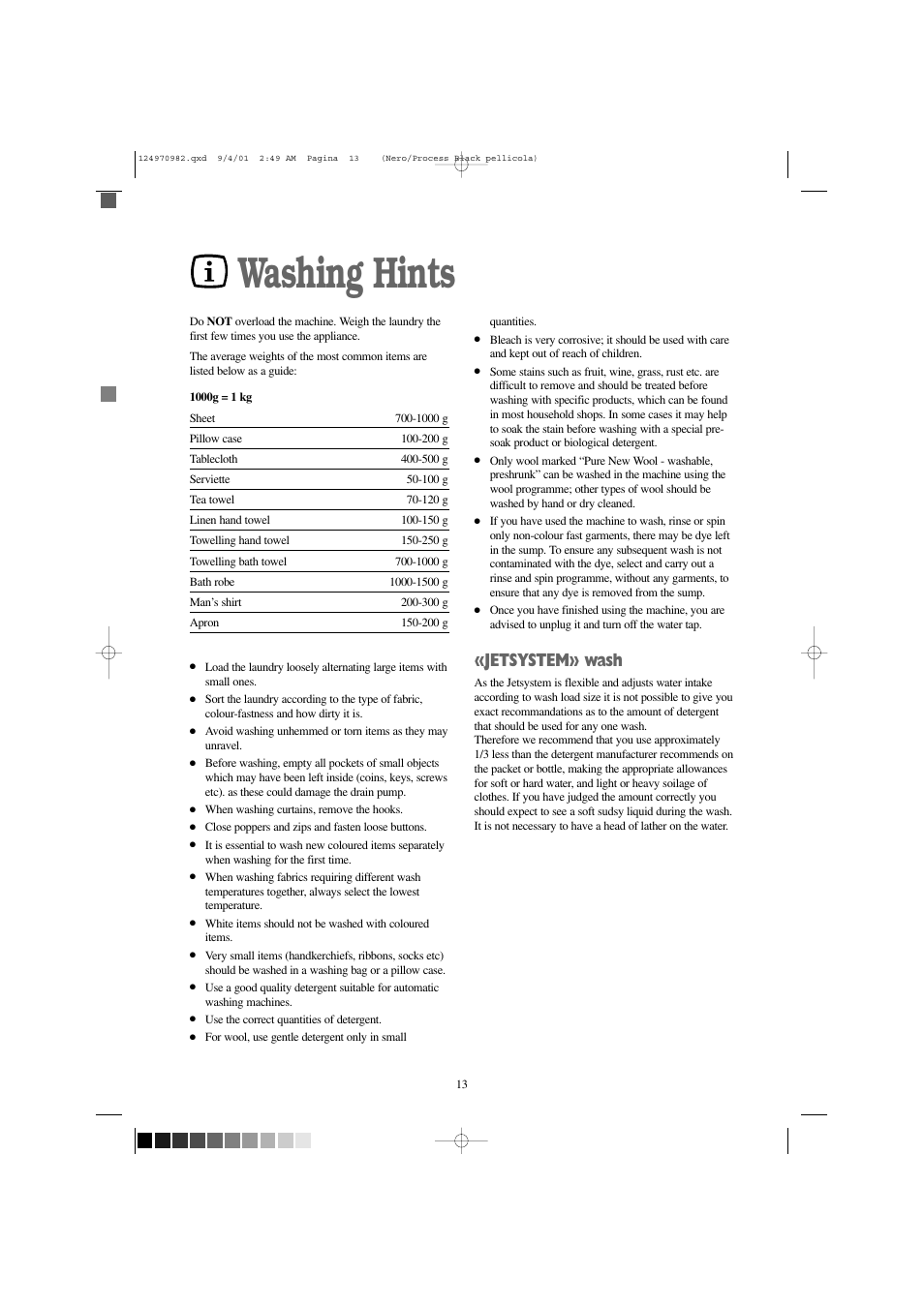 Washing hints, Jetsystem» wash | Zanussi FJS 1225 W User Manual | Page 13 / 29