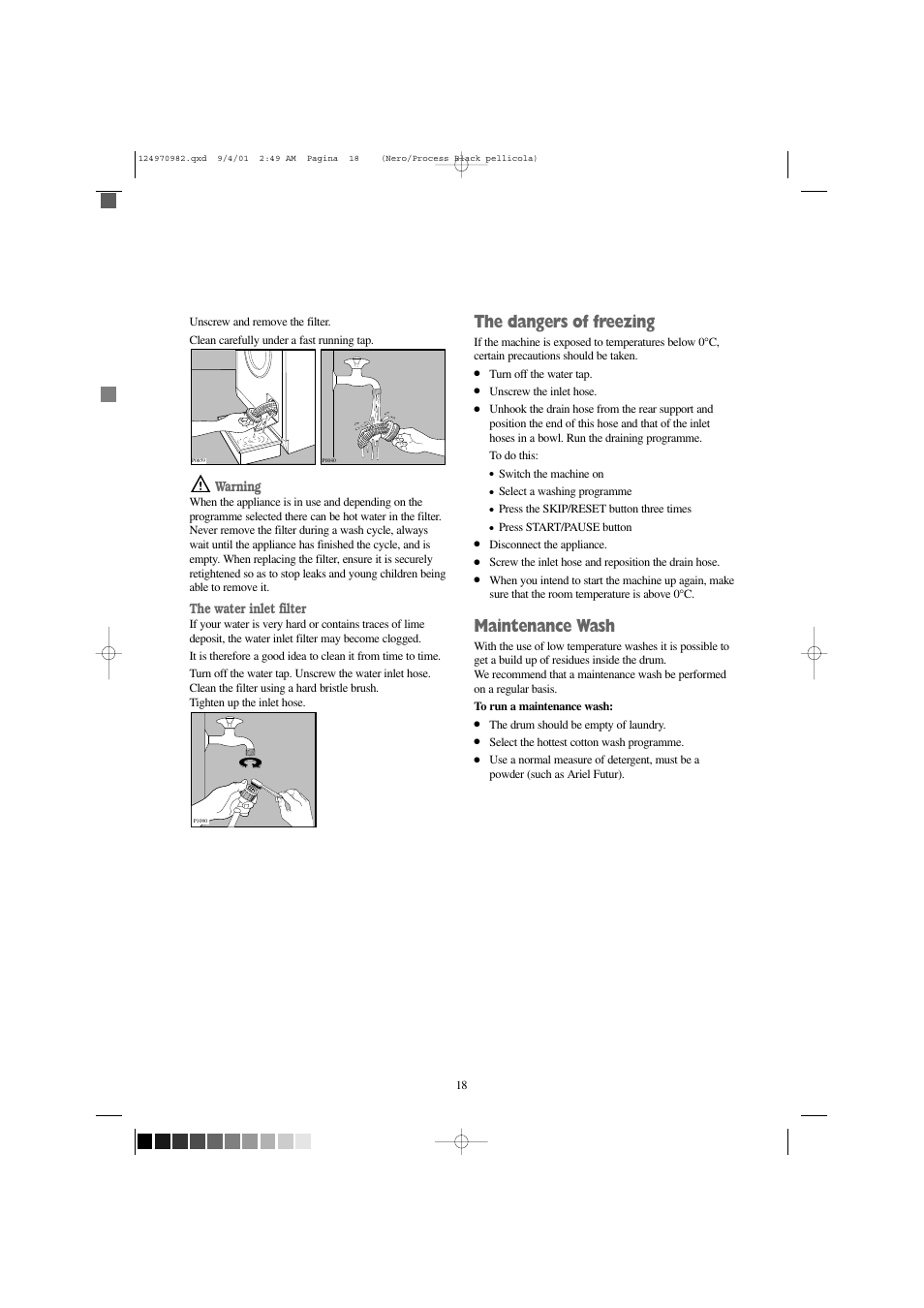 The dangers of freezing, Maintenance wash, Warning | The water inlet filter | Zanussi FJS 1225 W User Manual | Page 18 / 29