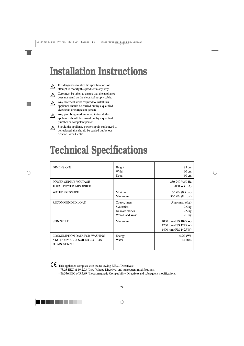 Installation instructions technical specifications | Zanussi FJS 1225 W User Manual | Page 24 / 29