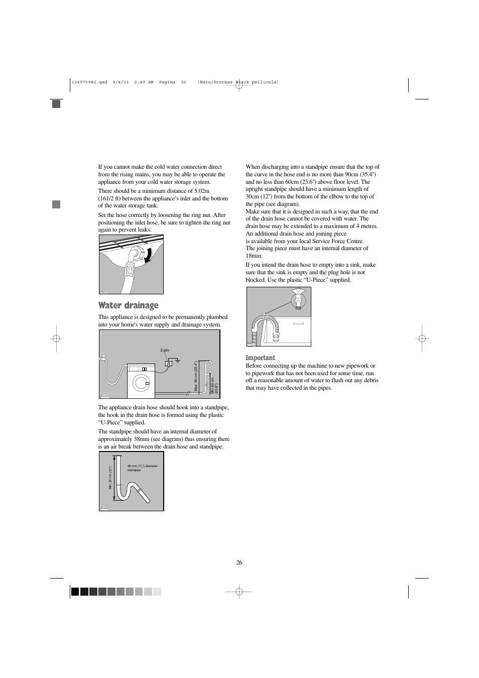 Water drainage, Important | Zanussi FJS 1225 W User Manual | Page 26 / 29