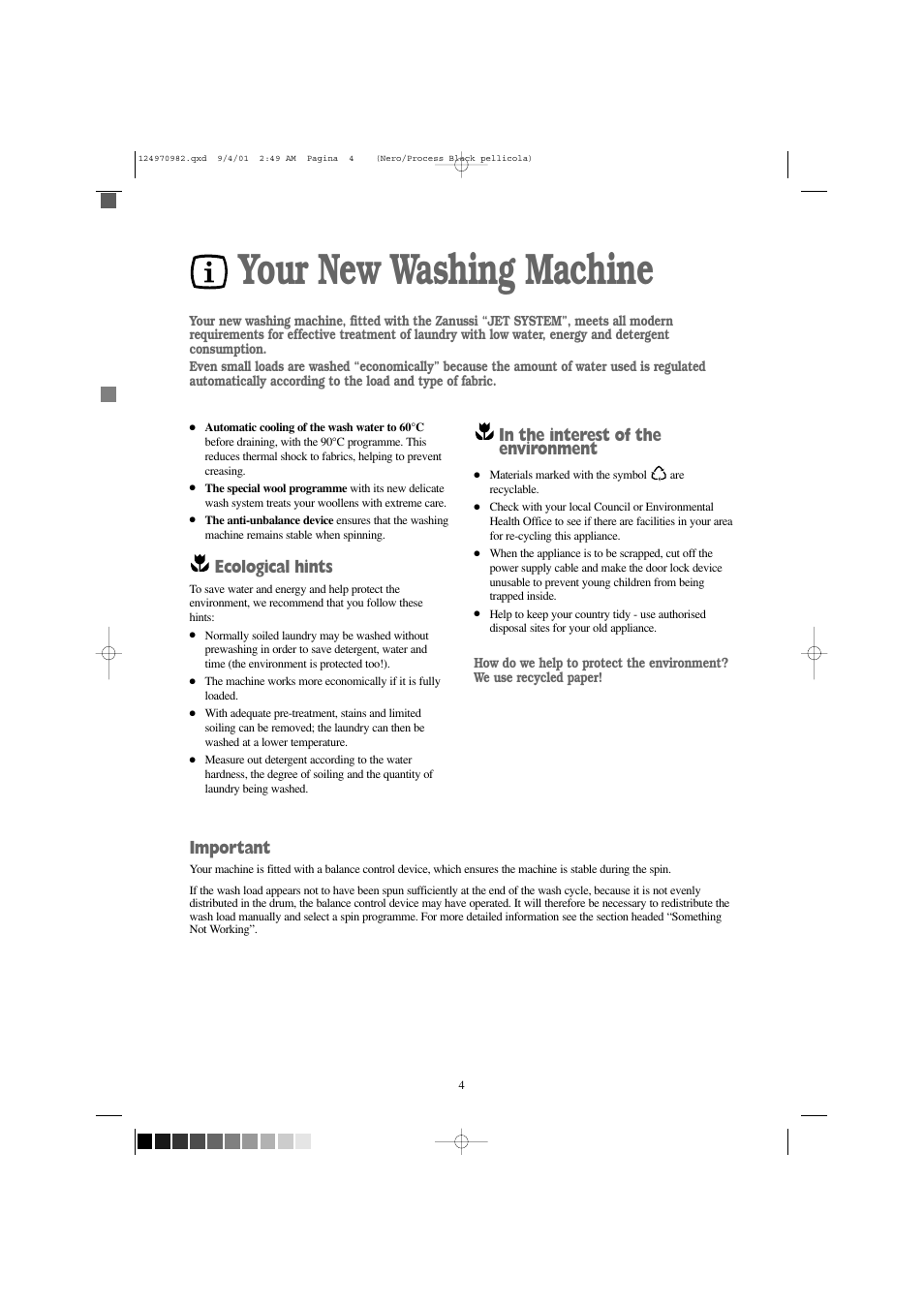 Your new washing machine, Ecological hints, Important | Zanussi FJS 1225 W User Manual | Page 4 / 29