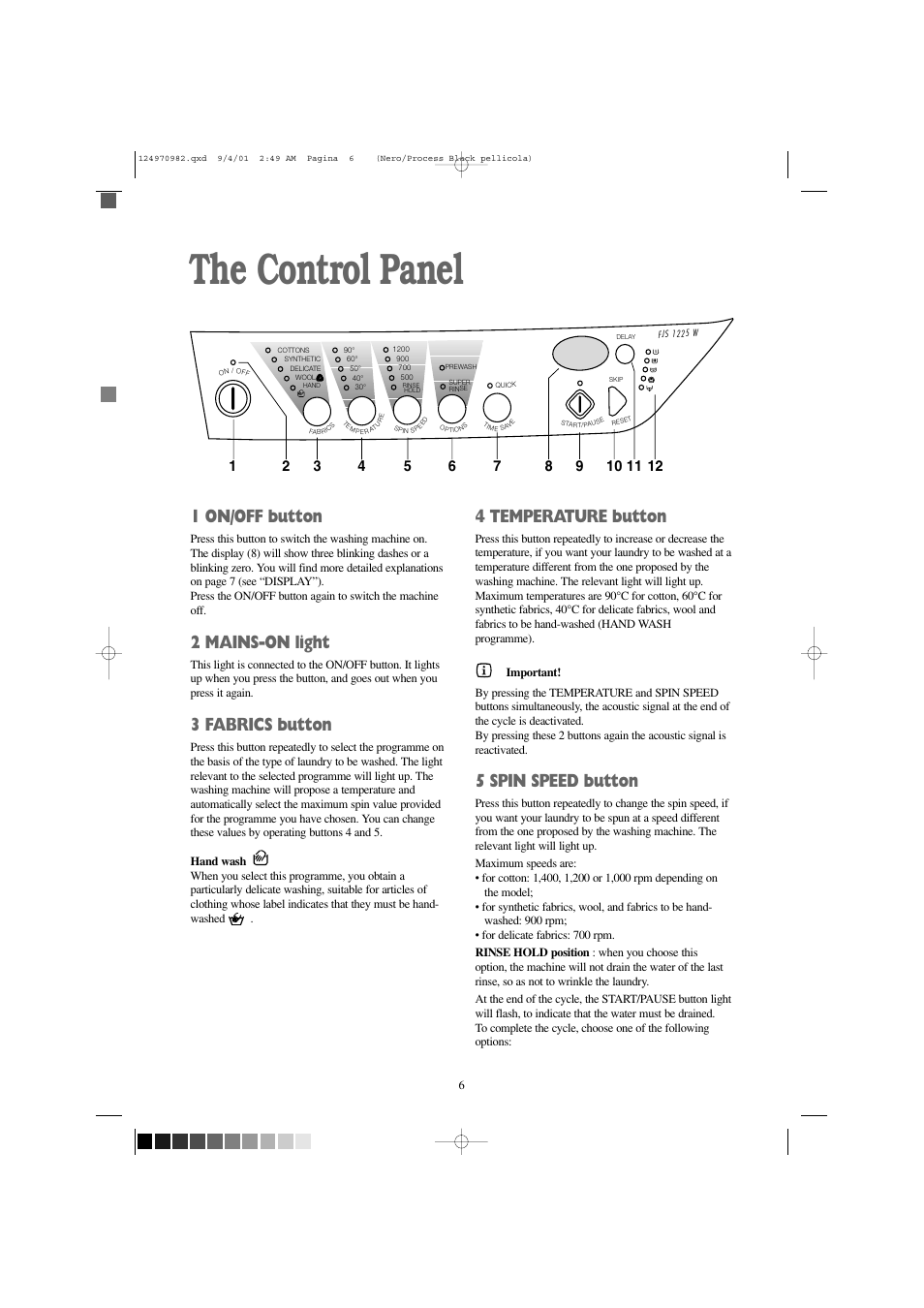The control panel, 1 on/off button, 2 mains-on light | 3 fabrics button, 4 temperature button, 5 spin speed button | Zanussi FJS 1225 W User Manual | Page 6 / 29