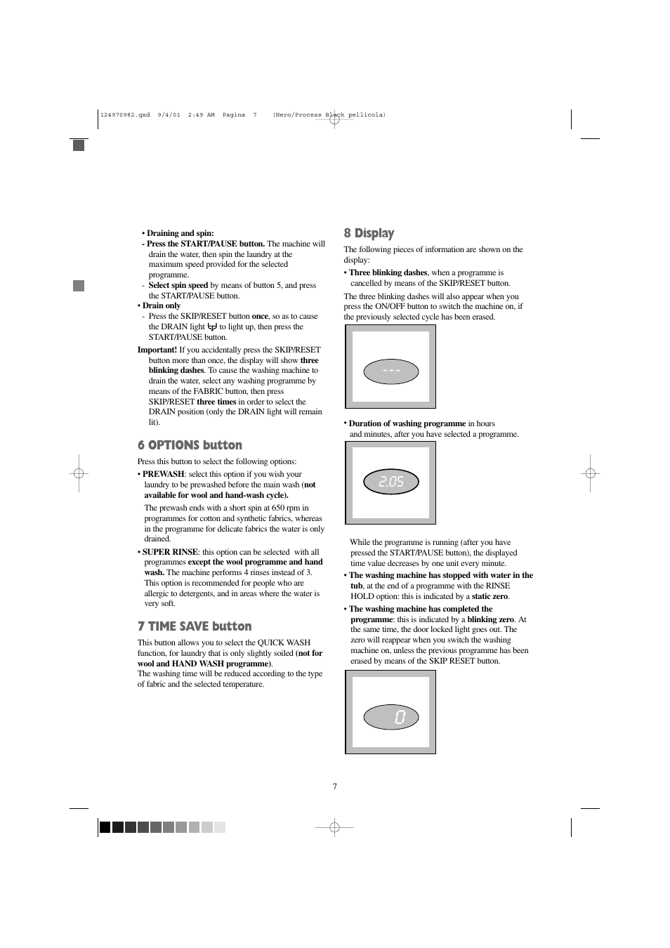 6 options button, 7 time save button, 8 display | Zanussi FJS 1225 W User Manual | Page 7 / 29