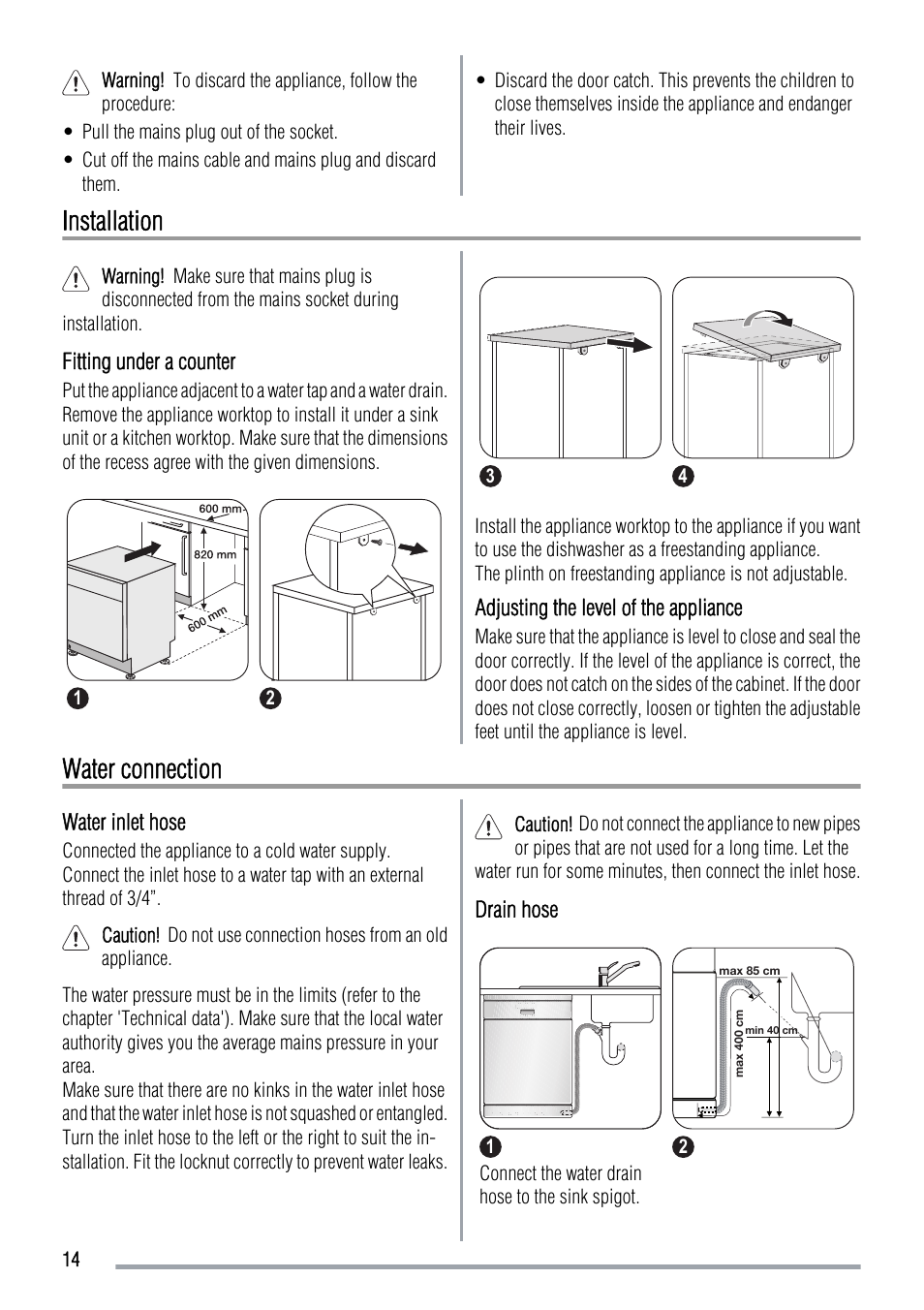 Installation, Water connection | Zanussi 156985811-00-082009 User Manual | Page 14 / 16