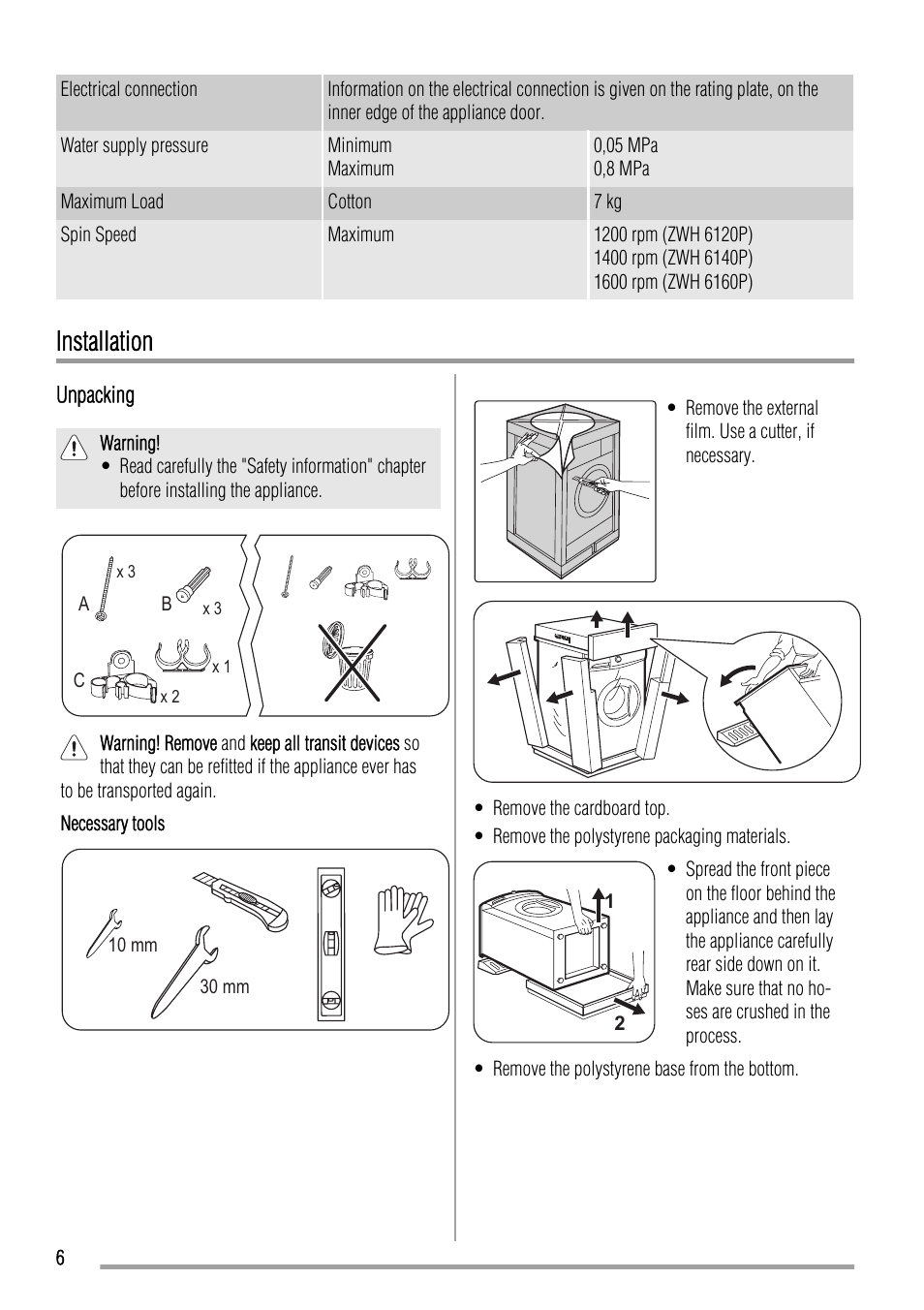 Installation | Zanussi ZWH6140 P User Manual | Page 6 / 28