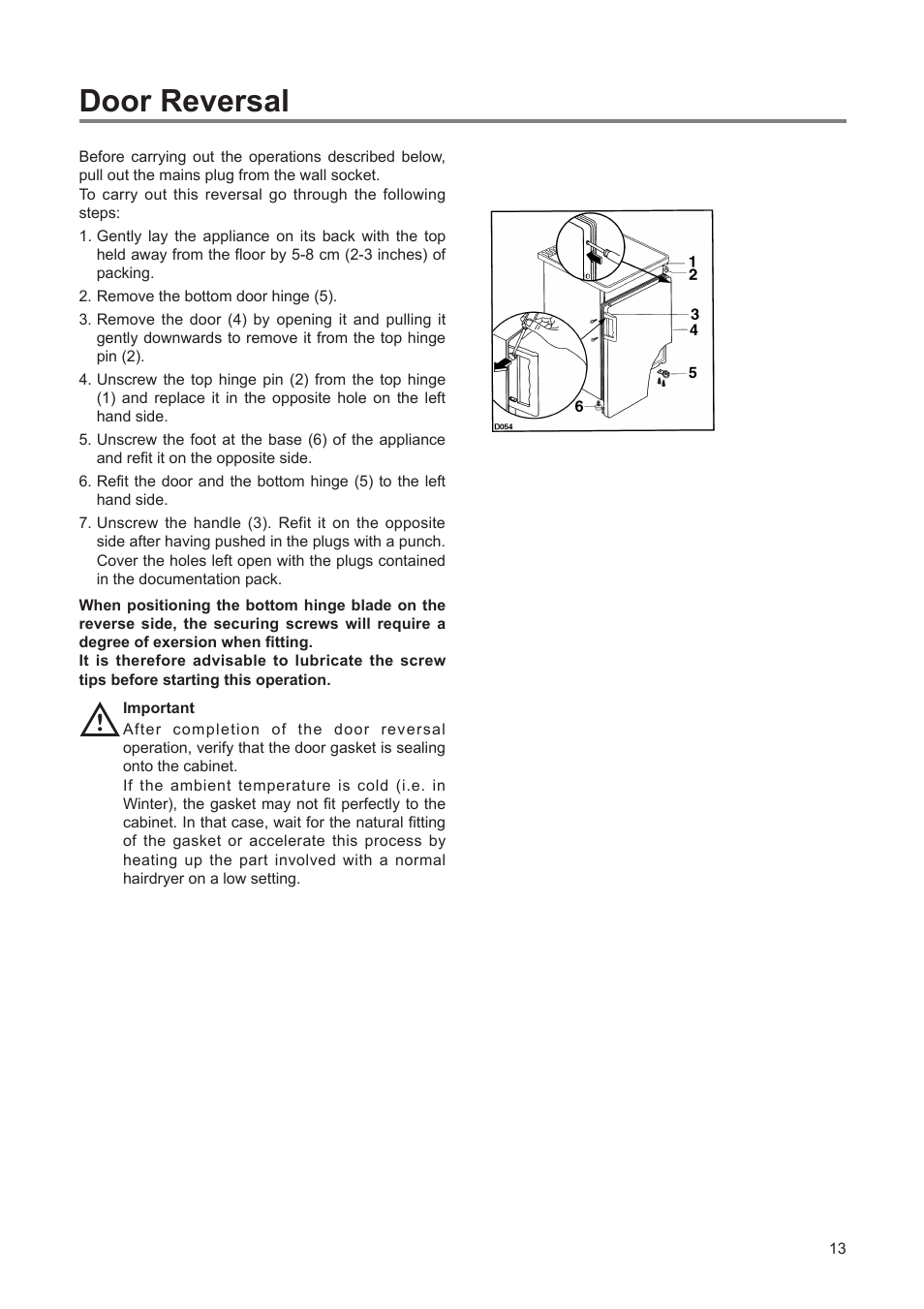 Door reversal | Zanussi 110 W User Manual | Page 13 / 16