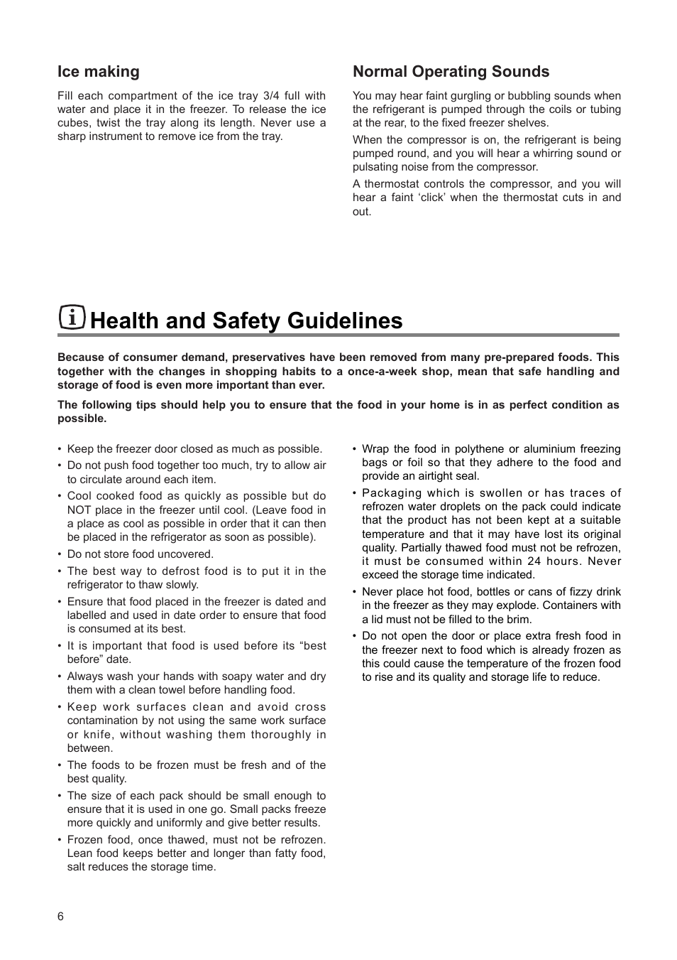 Health and safety guidelines, Normal operating sounds, Ice making | Zanussi 110 W User Manual | Page 6 / 16