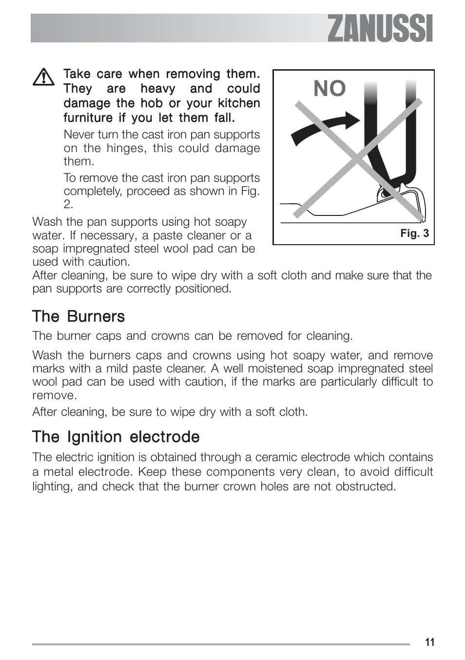 The burners, The ignition electrode | Zanussi ZGF 692 CT User Manual | Page 11 / 32