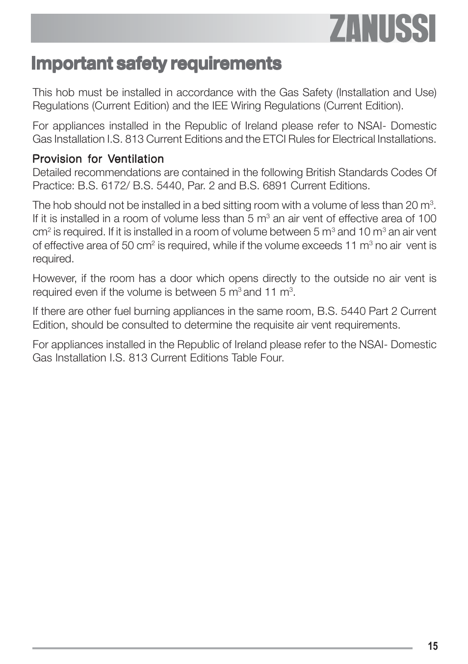 Important safety requirements | Zanussi ZGF 692 CT User Manual | Page 15 / 32