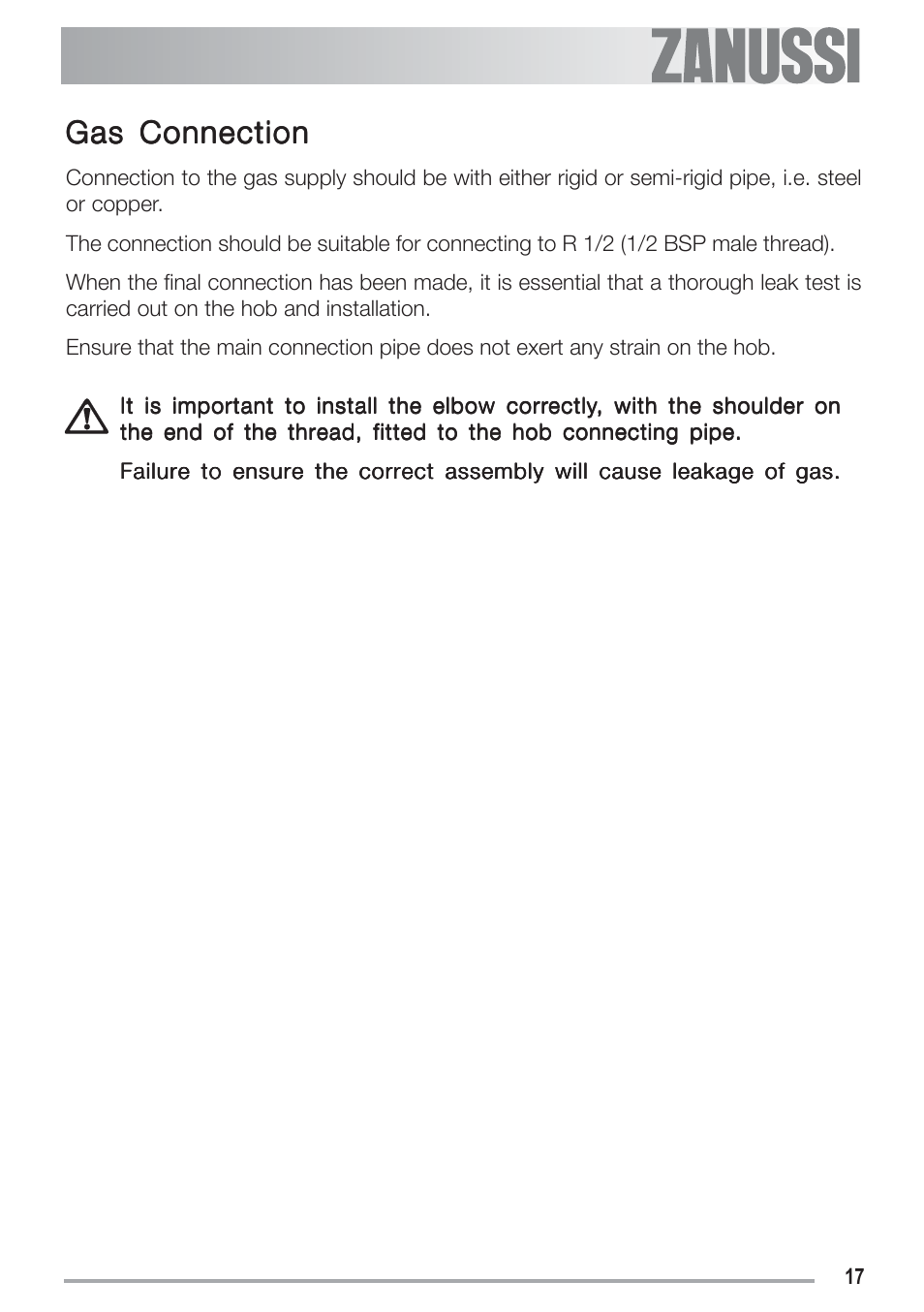 Gas connection | Zanussi ZGF 692 CT User Manual | Page 17 / 32