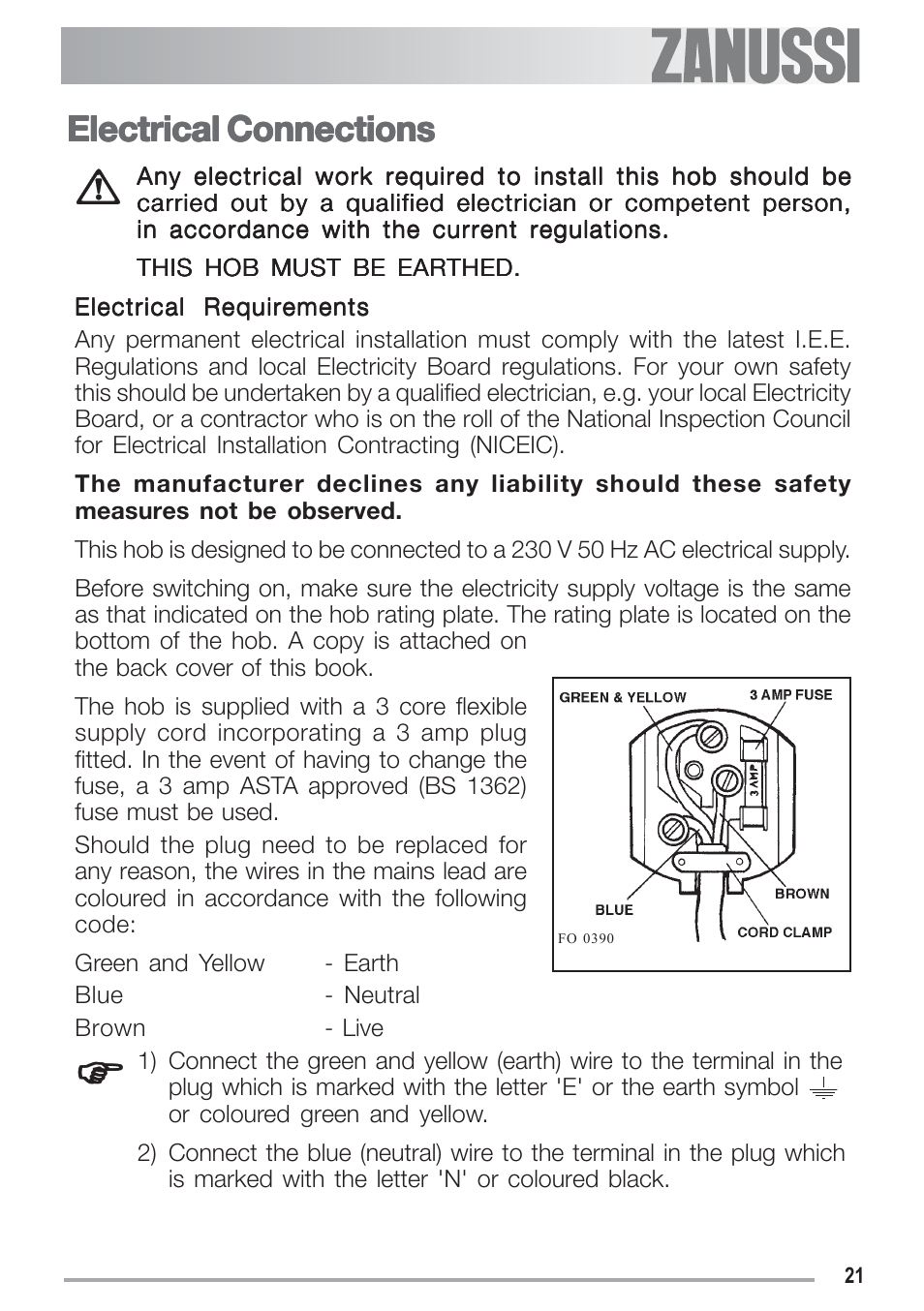 Electrical connections | Zanussi ZGF 692 CT User Manual | Page 21 / 32