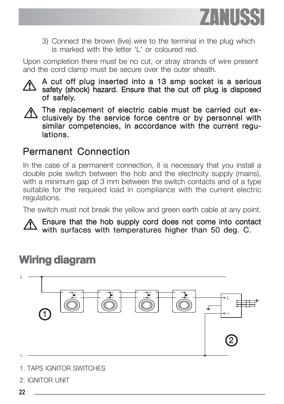 Wiring diagram, Permanent connection | Zanussi ZGF 692 CT User Manual | Page 22 / 32