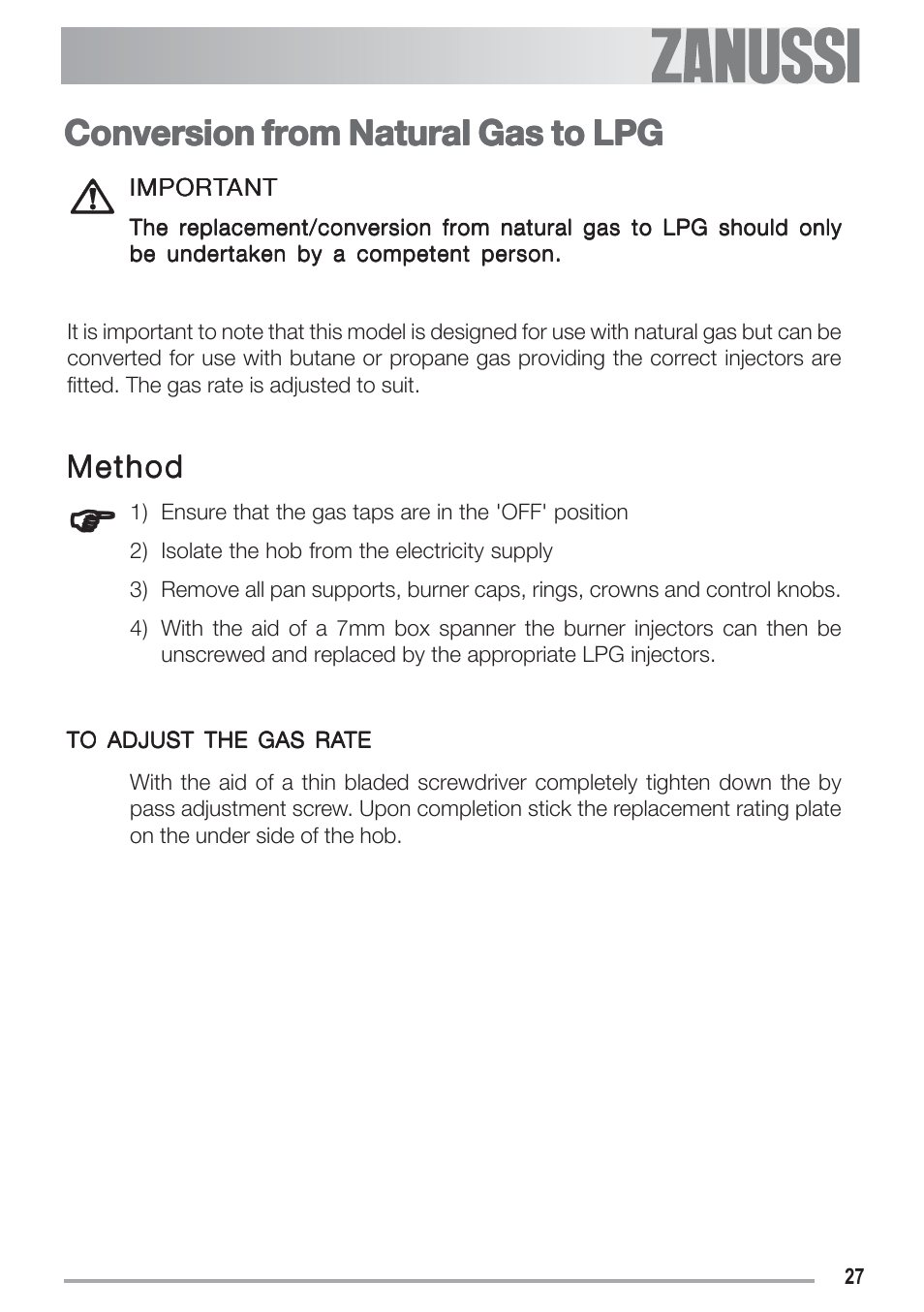 Conversion from natural gas to lpg | Zanussi ZGF 692 CT User Manual | Page 27 / 32