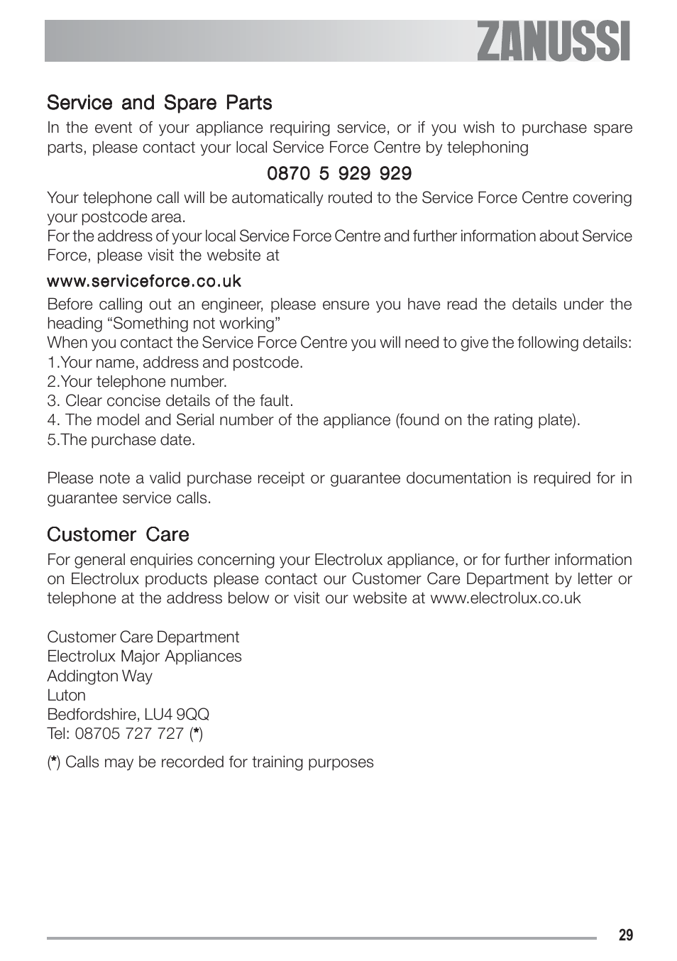 Zanussi ZGF 692 CT User Manual | Page 29 / 32