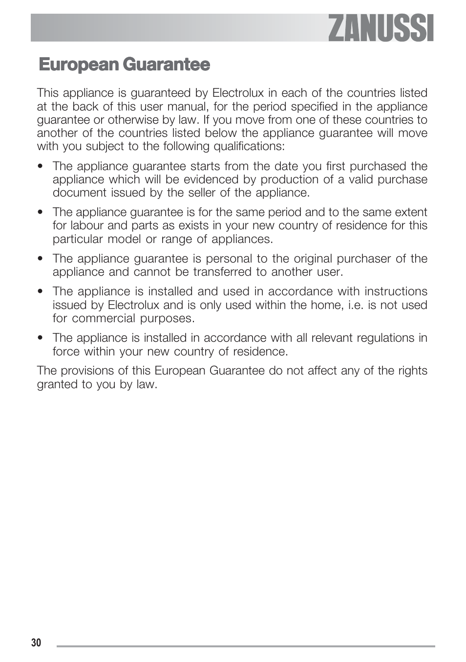 European guarantee | Zanussi ZGF 692 CT User Manual | Page 30 / 32