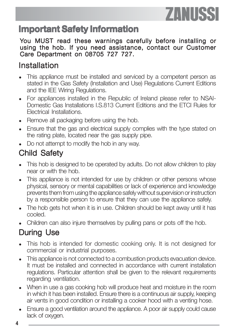 Important safety information, Child safety, During use | Zanussi ZGF 692 CT User Manual | Page 4 / 32
