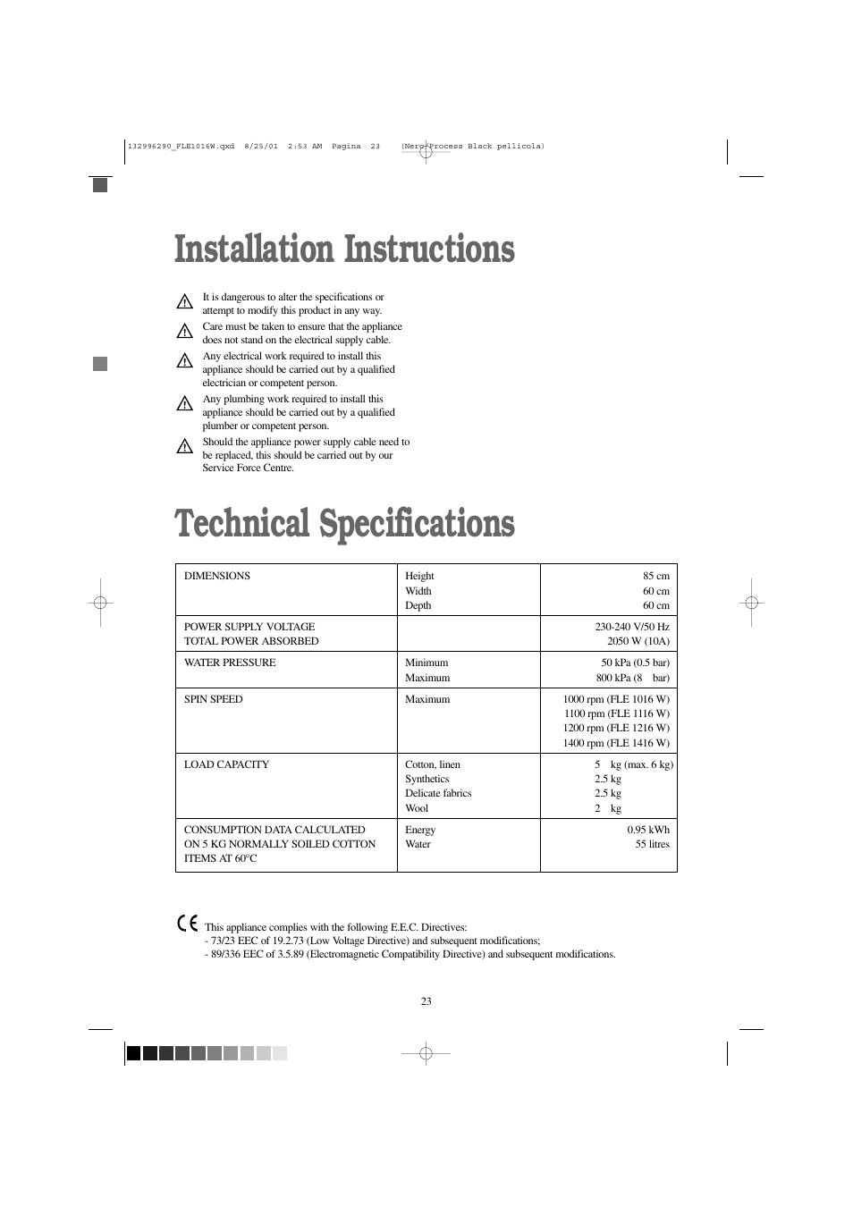 Installation instructions technical specifications | Zanussi FLE 1416 W User Manual | Page 23 / 28