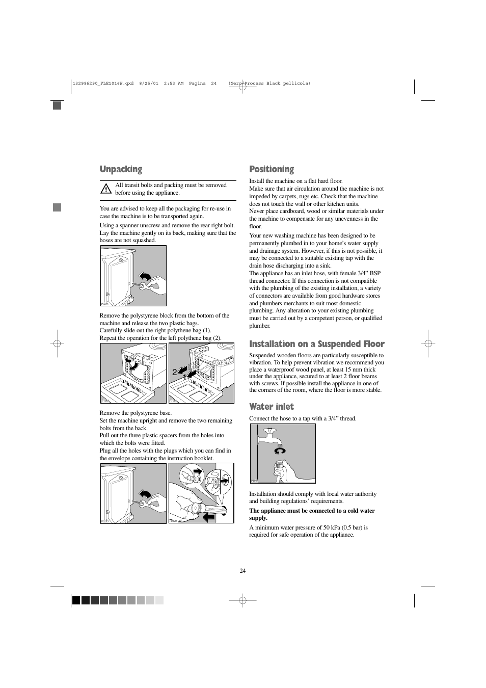 Unpacking, Positioning, Installation on a suspended floor | Water inlet | Zanussi FLE 1416 W User Manual | Page 24 / 28