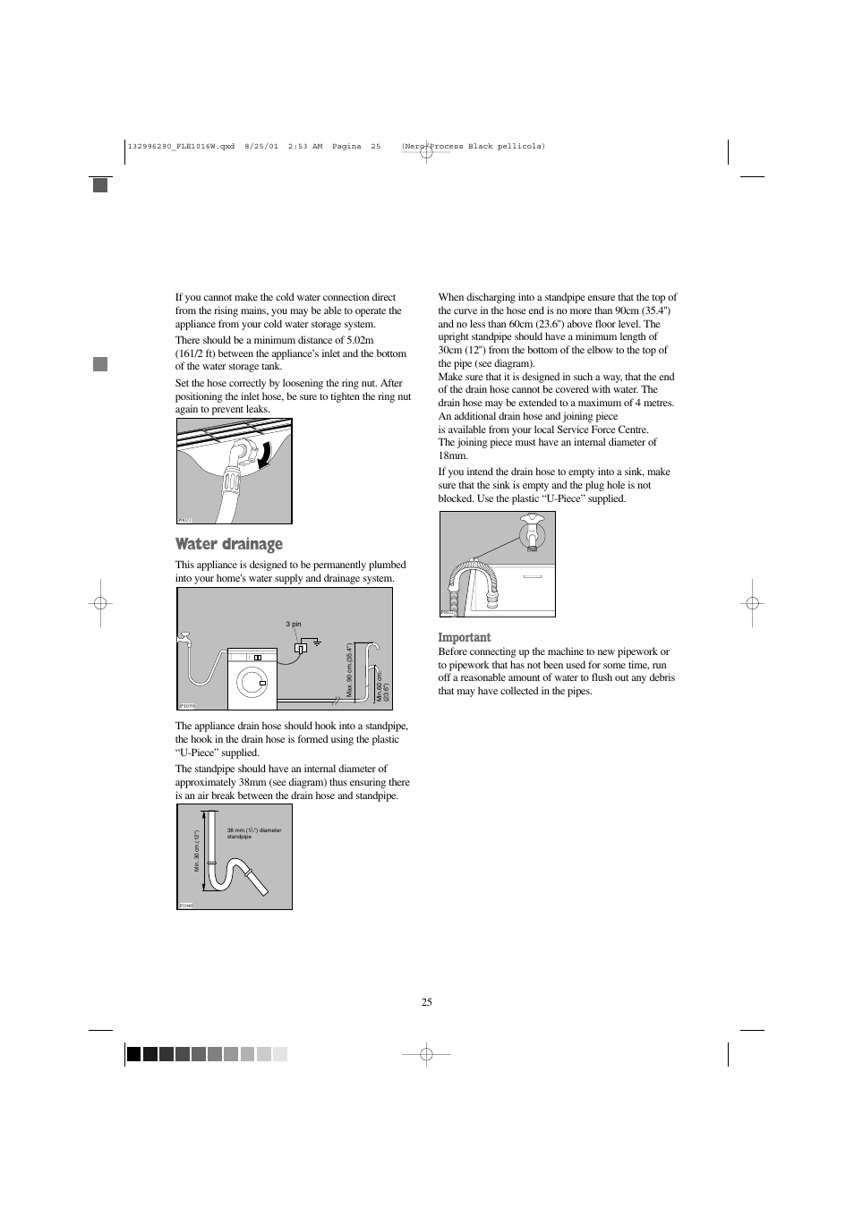 Water drainage, Important | Zanussi FLE 1416 W User Manual | Page 25 / 28