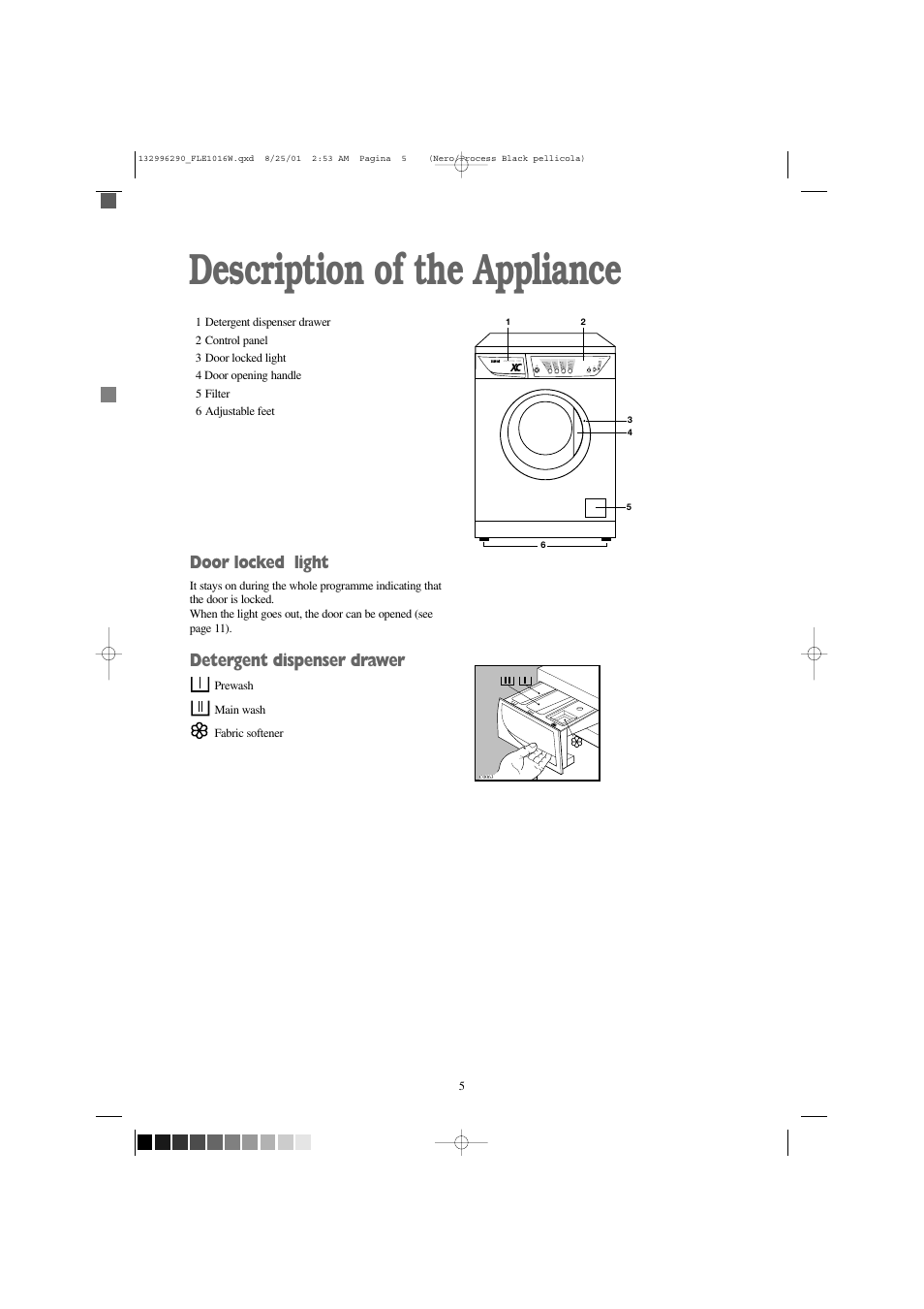 Description of the appliance, Door locked light, Detergent dispenser drawer | Zanussi FLE 1416 W User Manual | Page 5 / 28